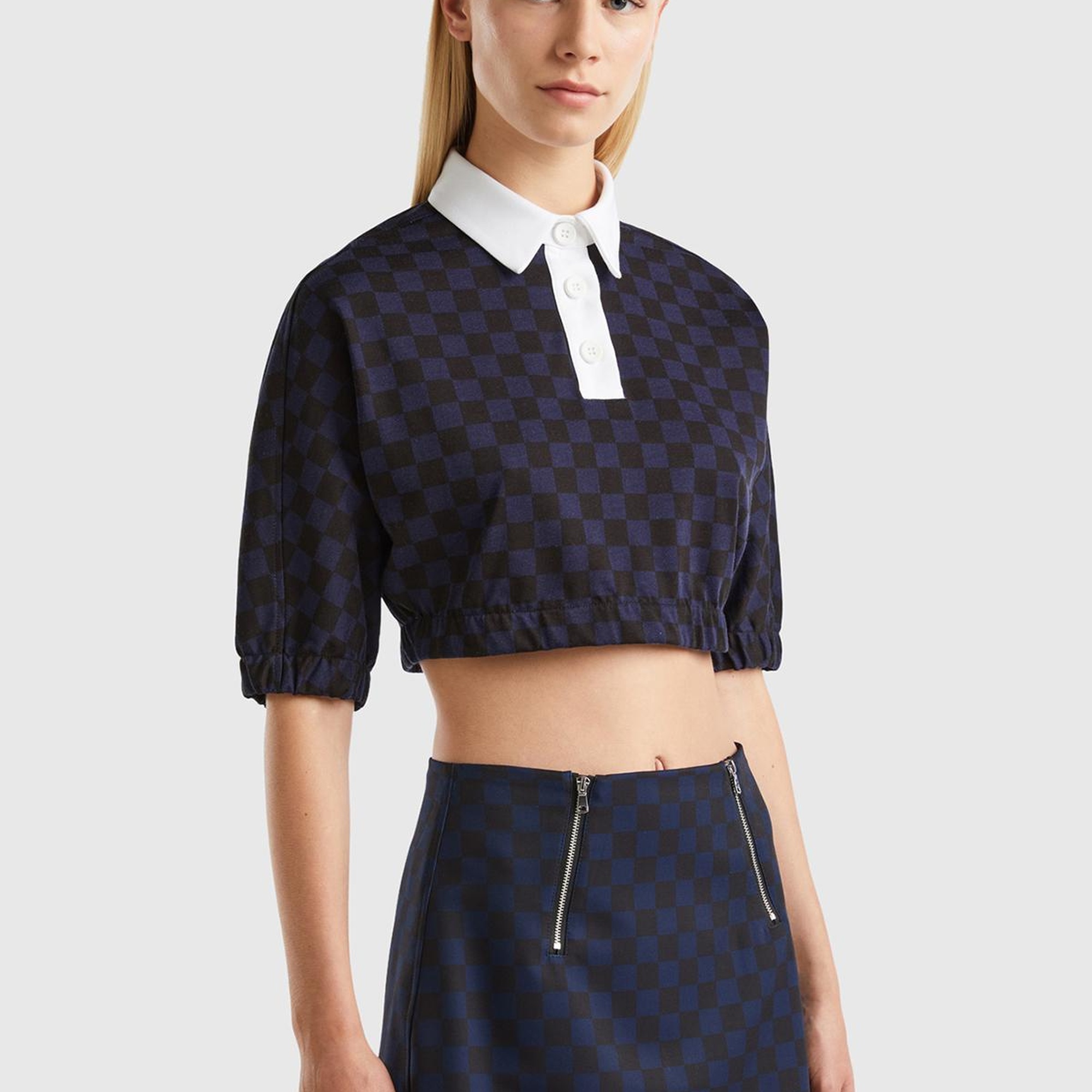 Kadın Lacivert Mix Dama Desenli Kısa Kollu Crop Koton Gömlek