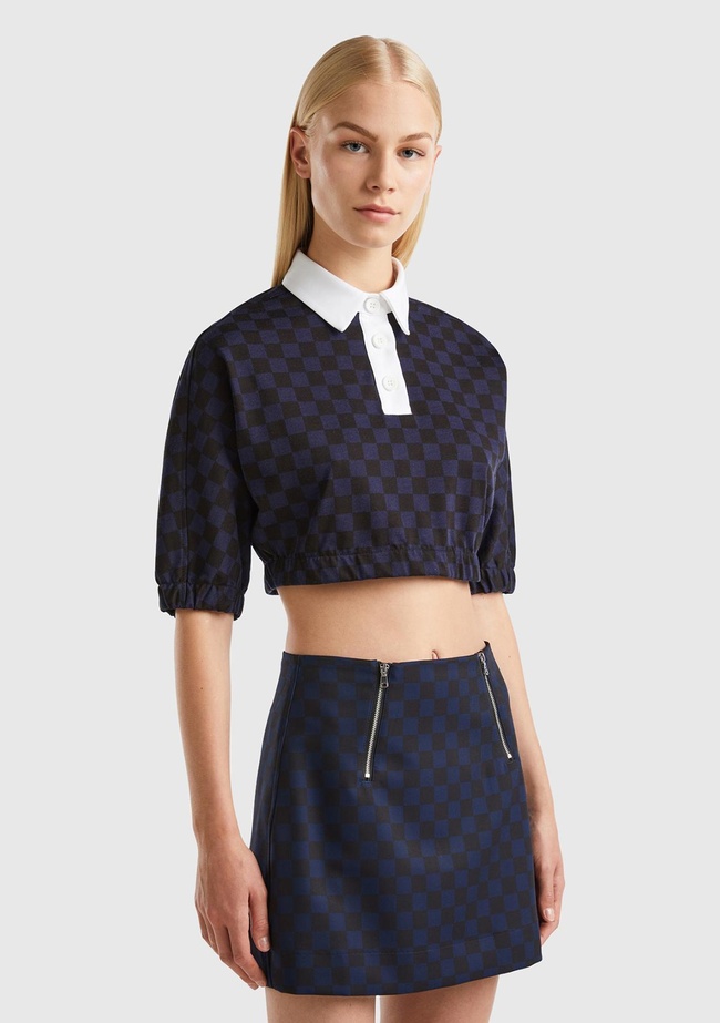  Kadın Lacivert Mix Dama Desenli Kısa Kollu Crop Koton Gömlek