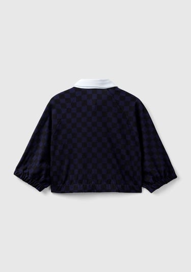  Kadın Lacivert Mix Dama Desenli Kısa Kollu Crop Koton Gömlek