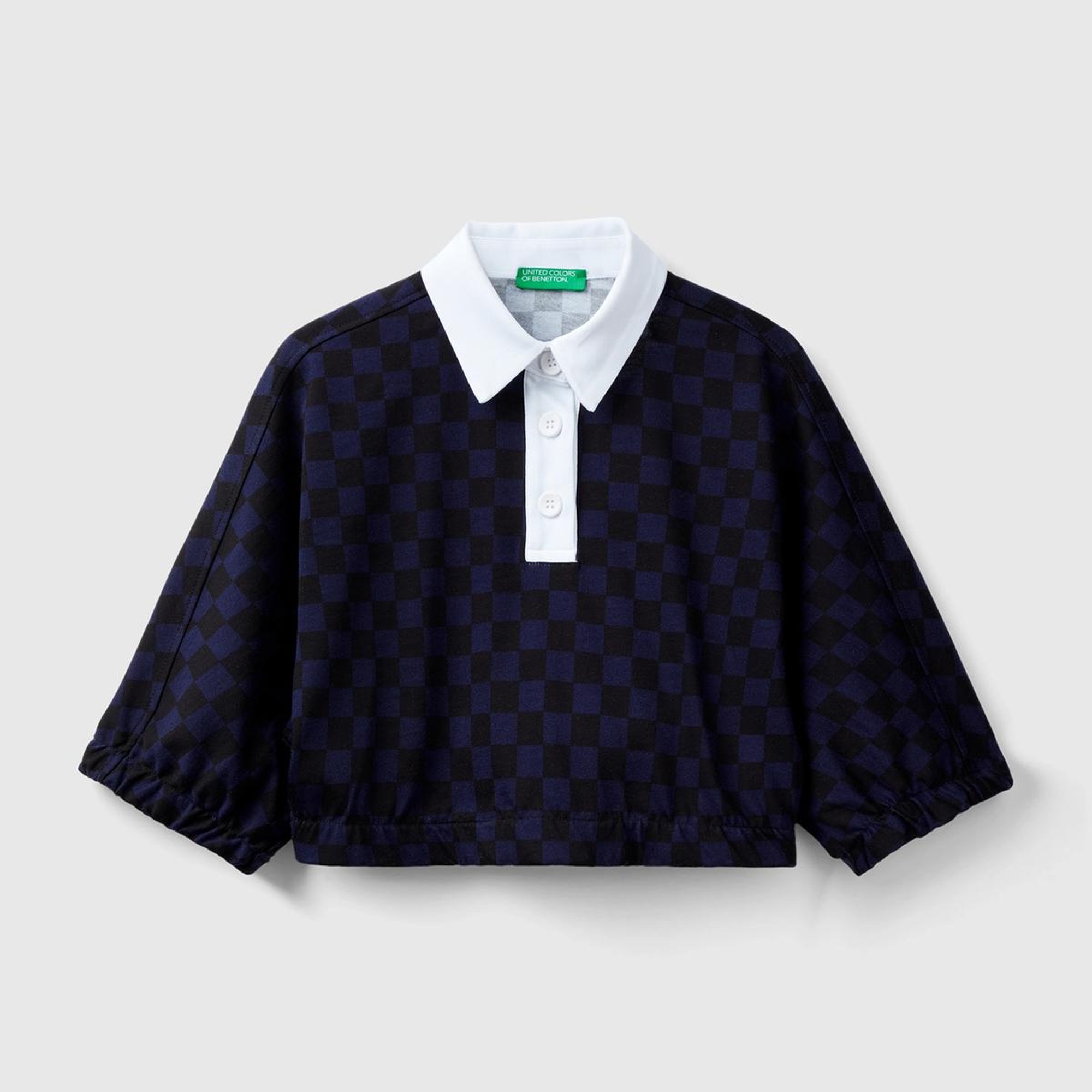 Kadın Lacivert Mix Dama Desenli Kısa Kollu Crop Koton Gömlek