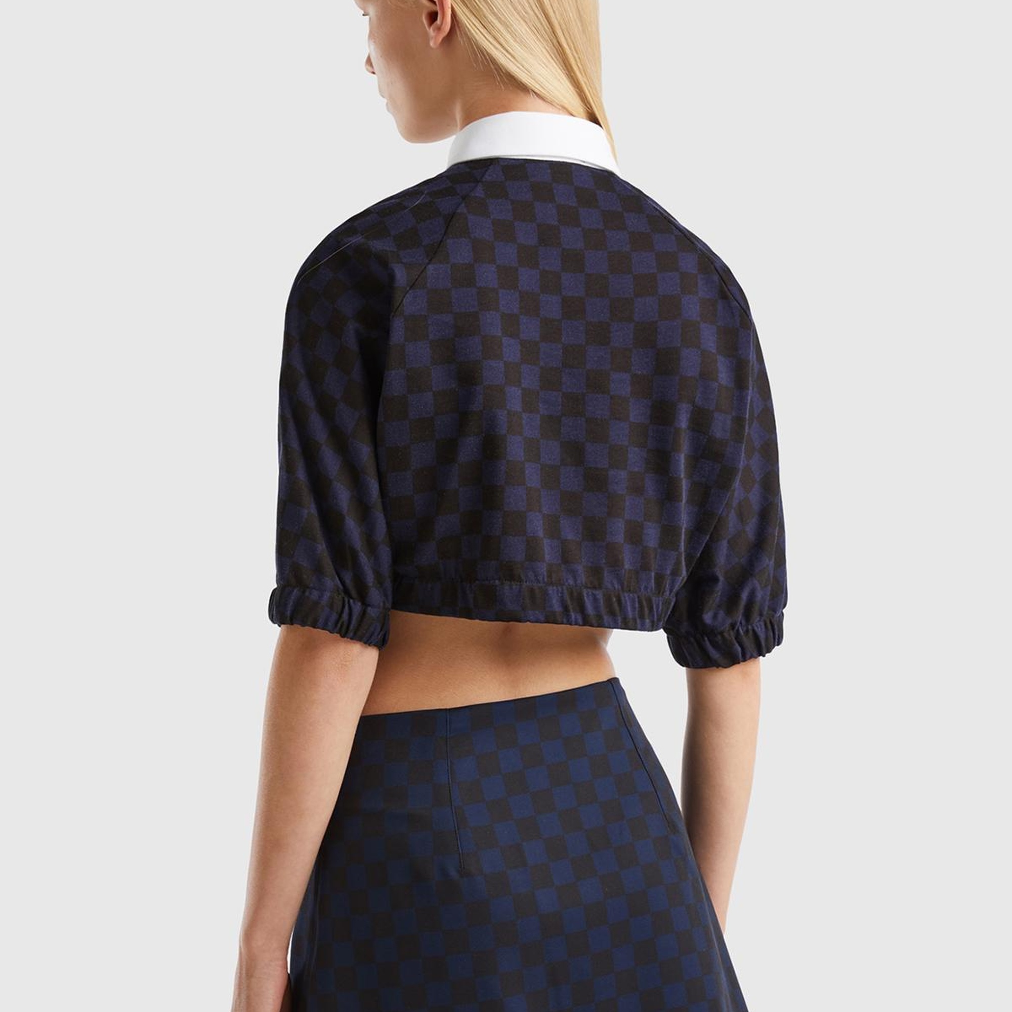 Kadın Lacivert Mix Dama Desenli Kısa Kollu Crop Koton Gömlek