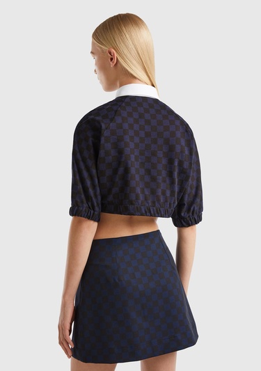  Kadın Lacivert Mix Dama Desenli Kısa Kollu Crop Koton Gömlek