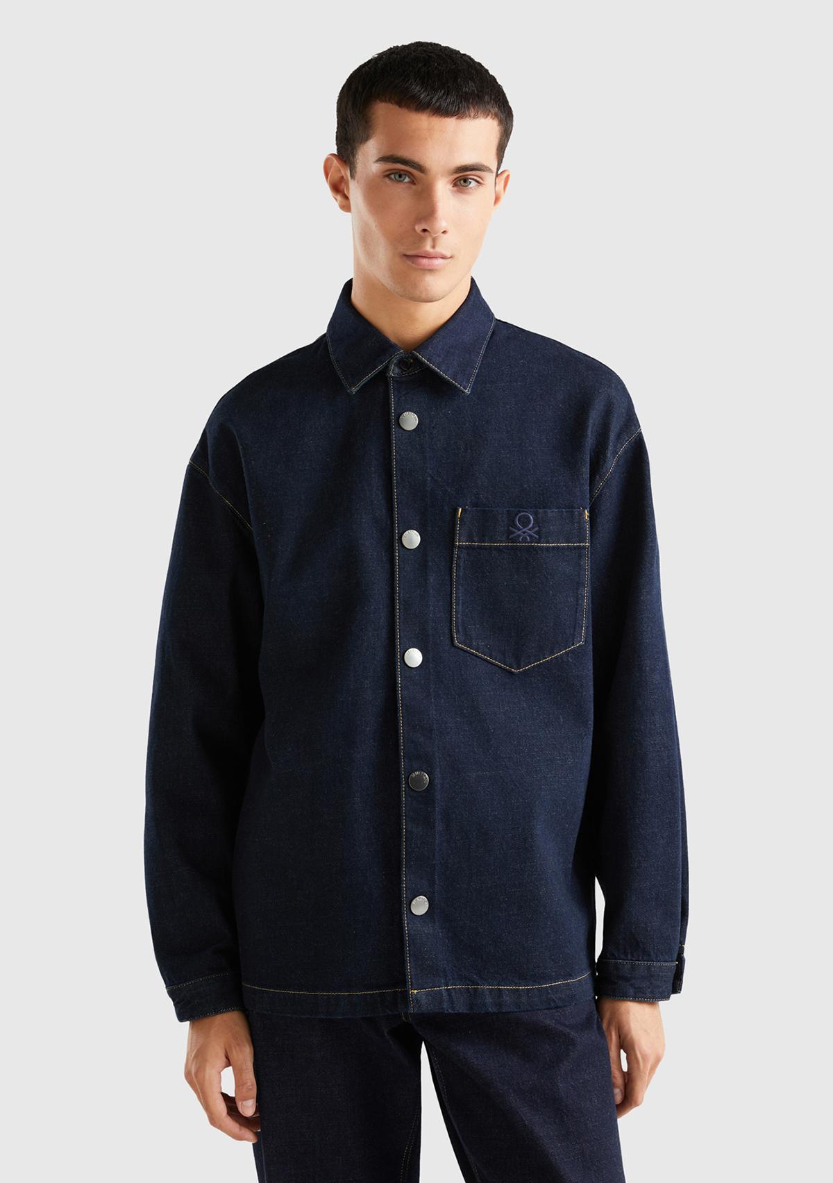  Erkek Koyu Denim Tek Cepli Denim Gömlek