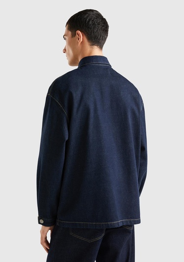 Erkek Koyu Denim Tek Cepli Denim Gömlek