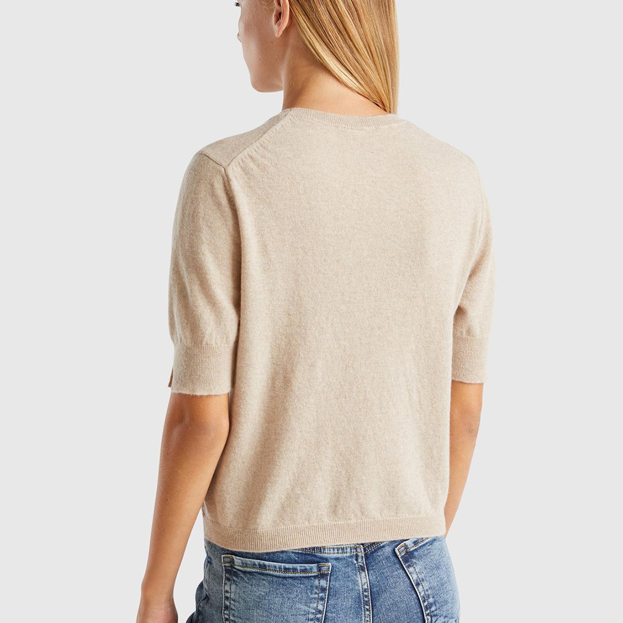 Kadın Bej Melanj Bisiklet Yaka %100 Merino Kısa Kollu Kazak