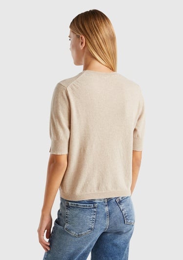  Kadın Bej Melanj Bisiklet Yaka %100 Merino Kısa Kollu Kazak