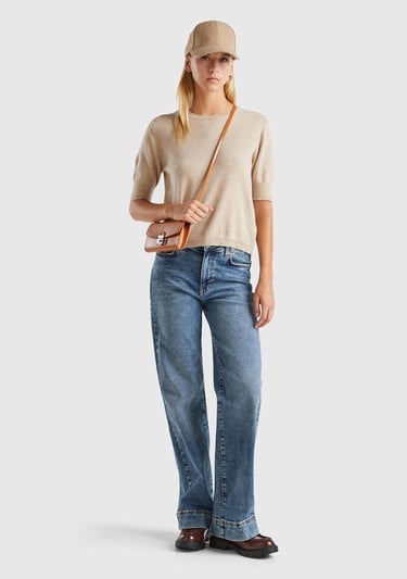  Kadın Bej Melanj Bisiklet Yaka %100 Merino Kısa Kollu Kazak