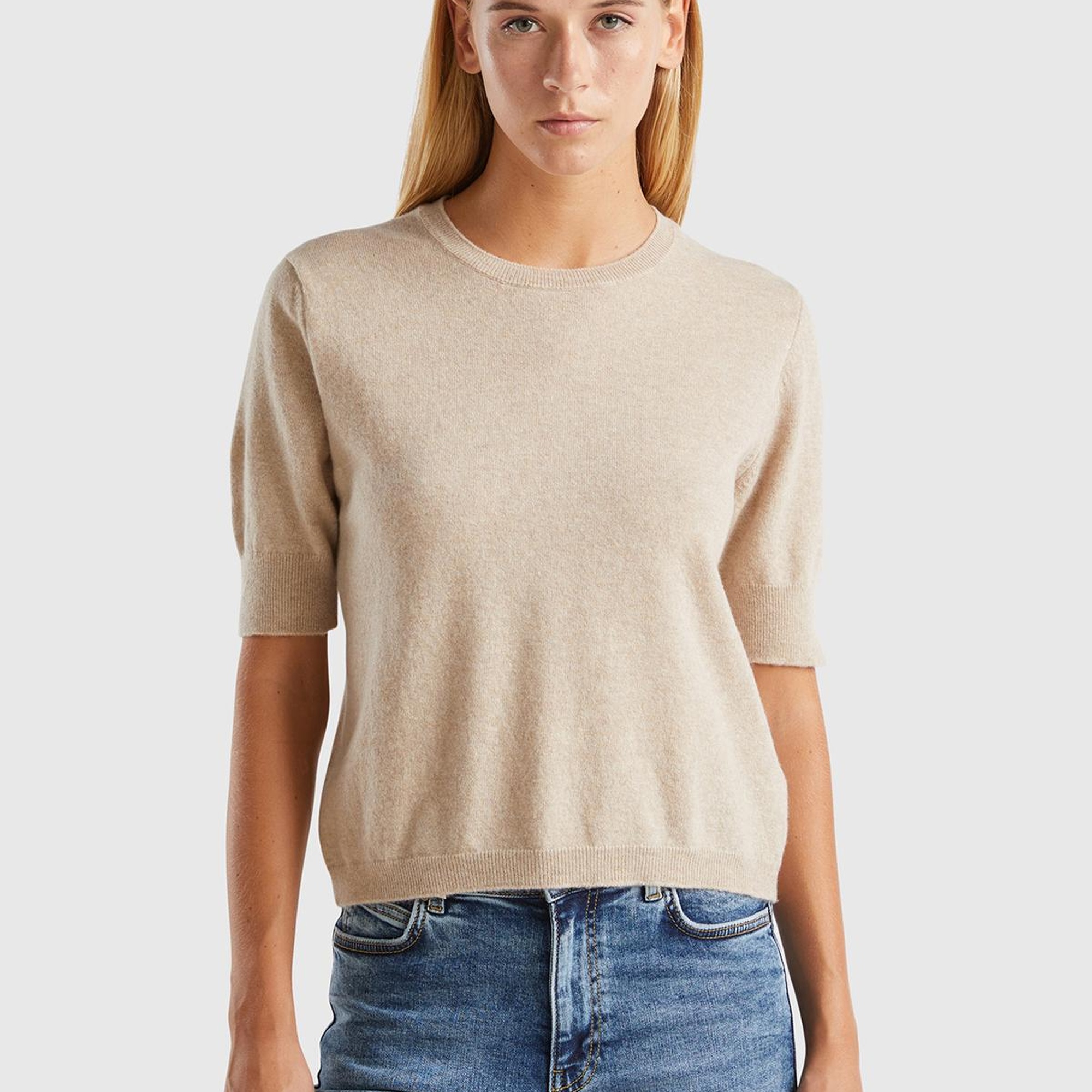 Kadın Bej Melanj Bisiklet Yaka %100 Merino Kısa Kollu Kazak