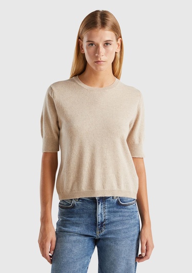  Kadın Bej Melanj Bisiklet Yaka %100 Merino Kısa Kollu Kazak