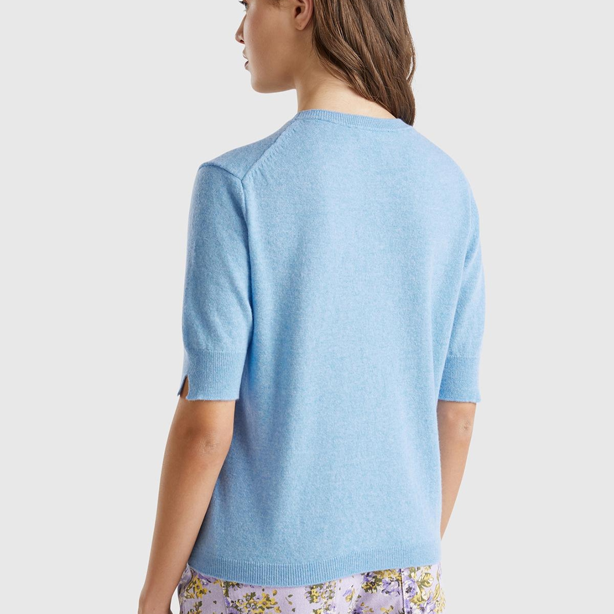 Kadın Mavi Melanj Bisiklet Yaka %100 Merino Kısa Kollu Kazak