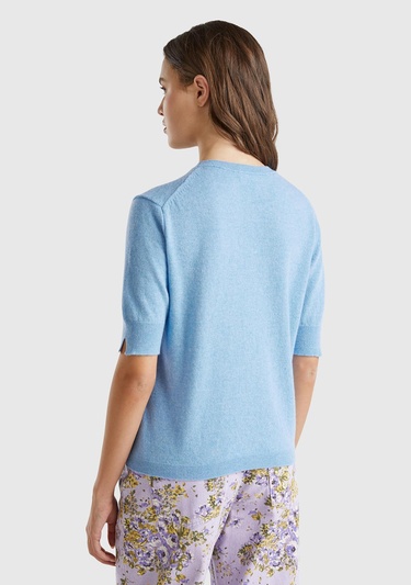  Kadın Mavi Melanj Bisiklet Yaka %100 Merino Kısa Kollu Kazak