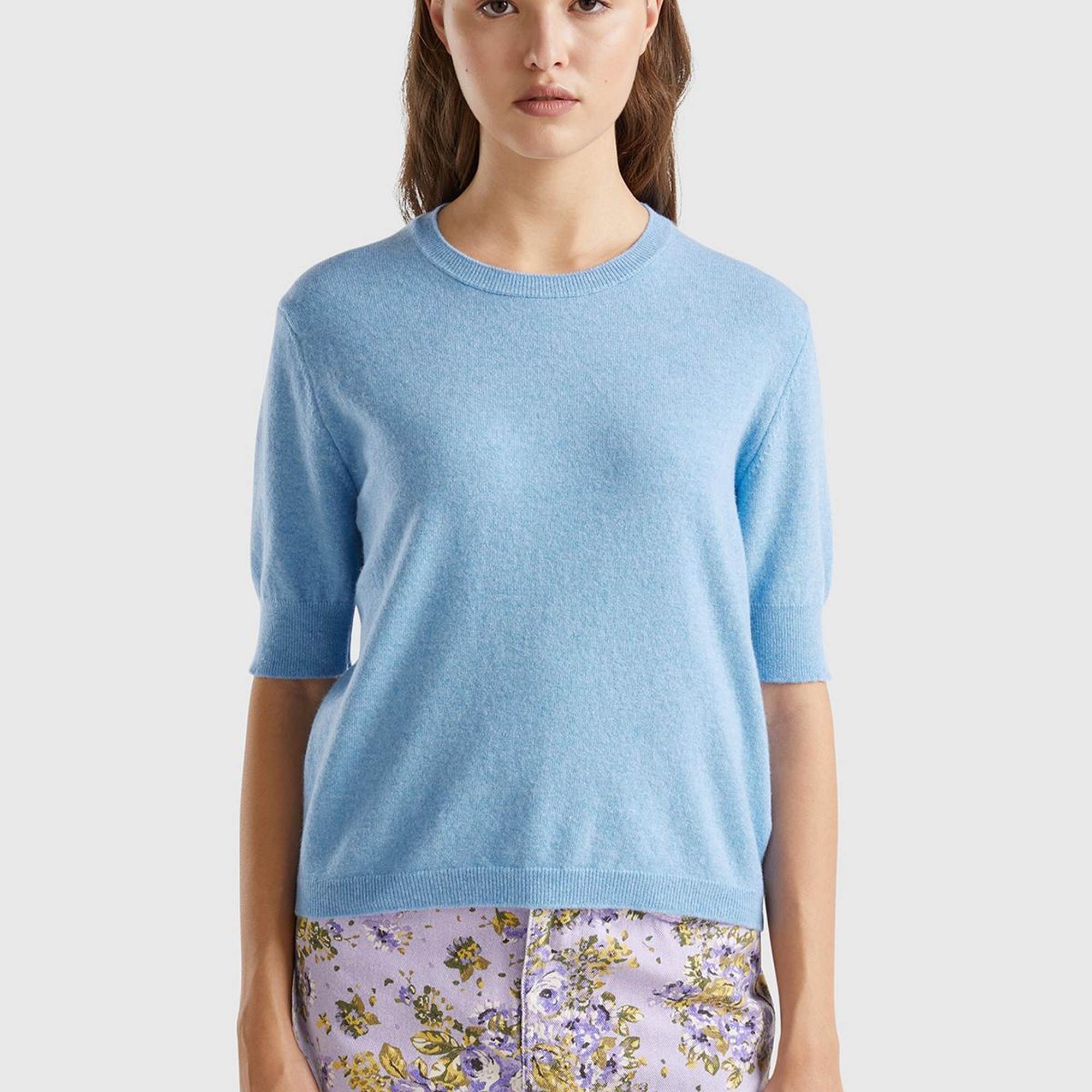 Kadın Mavi Melanj Bisiklet Yaka %100 Merino Kısa Kollu Kazak