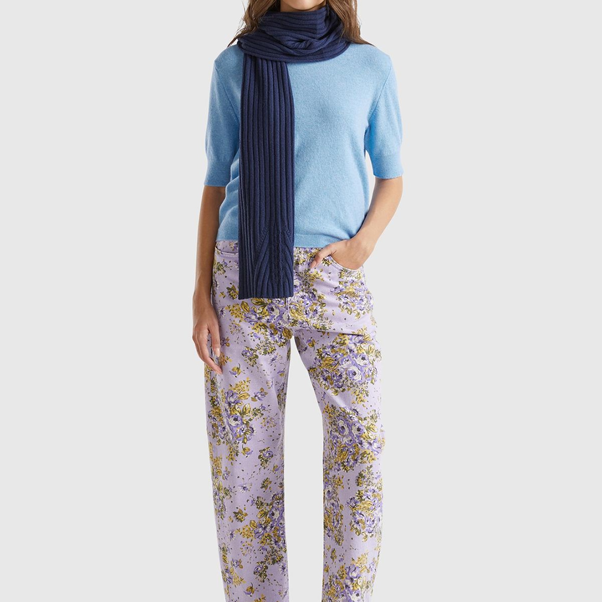 Kadın Mavi Melanj Bisiklet Yaka %100 Merino Kısa Kollu Kazak