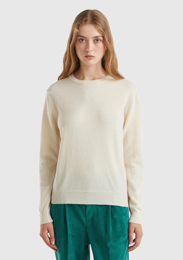  Kadın Krem Bisiklet Yaka %100 Merino Kazak