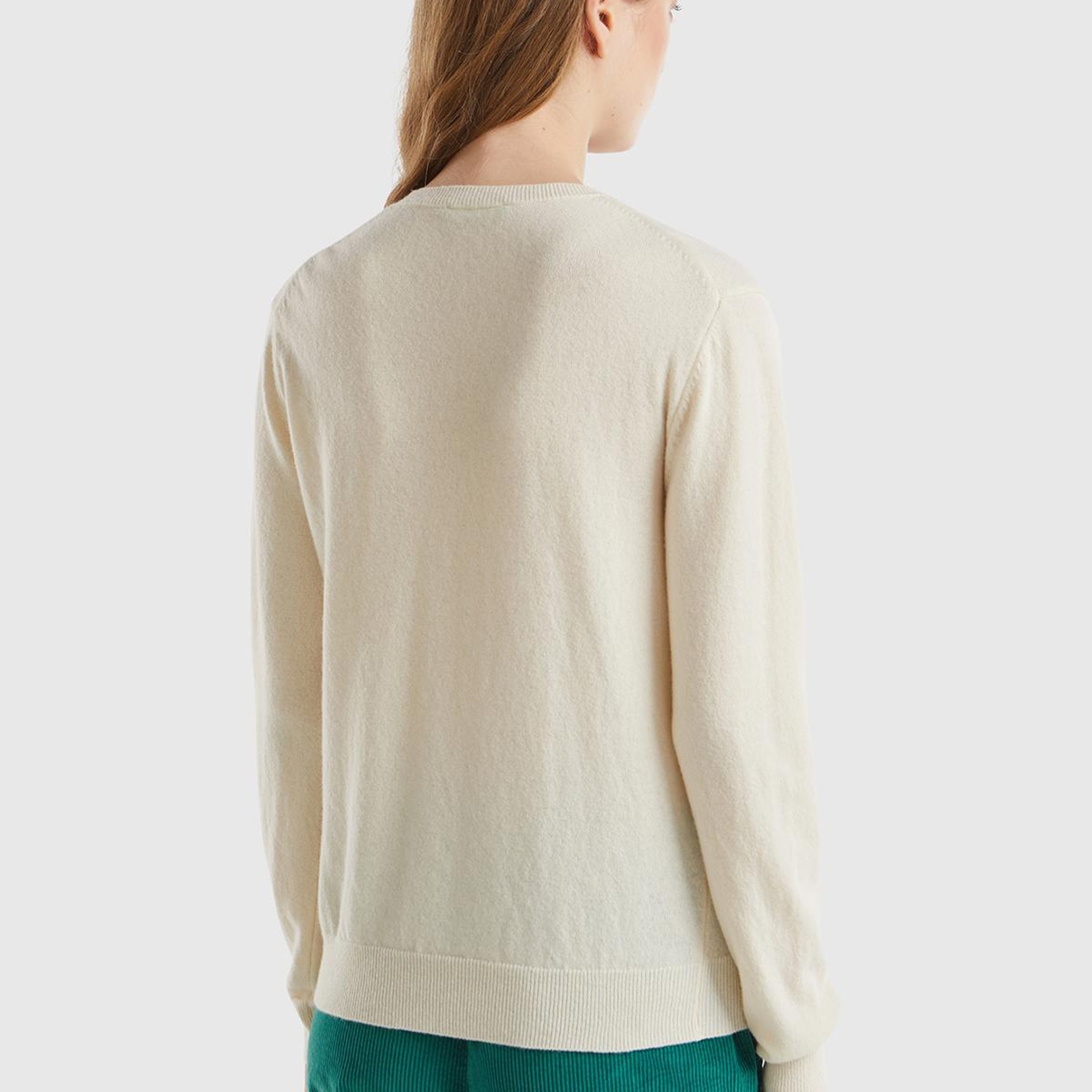 Kadın Krem Bisiklet Yaka %100 Merino Kazak