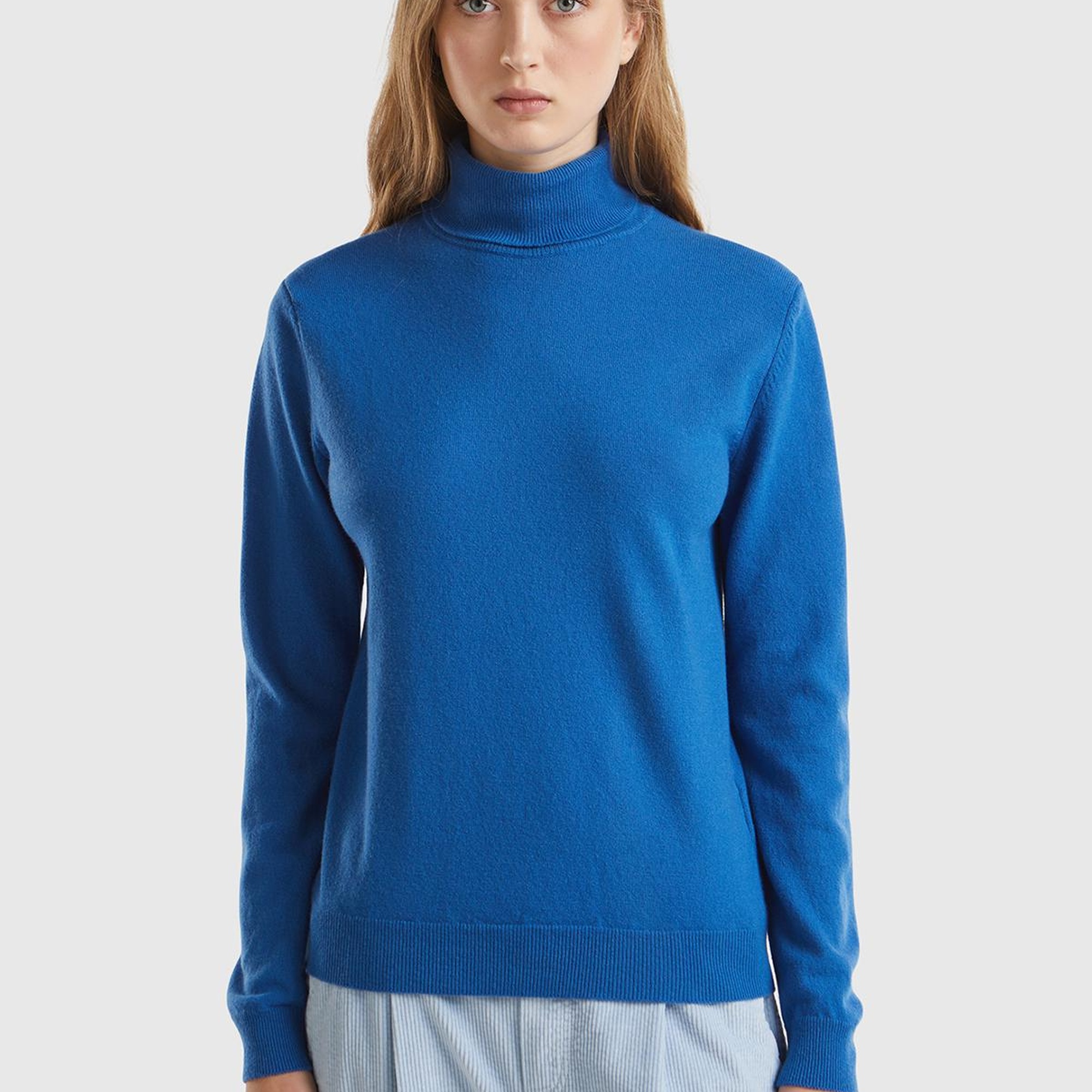 Kadın Gece Mavisi Dik Yaka %100 Merino Kazak