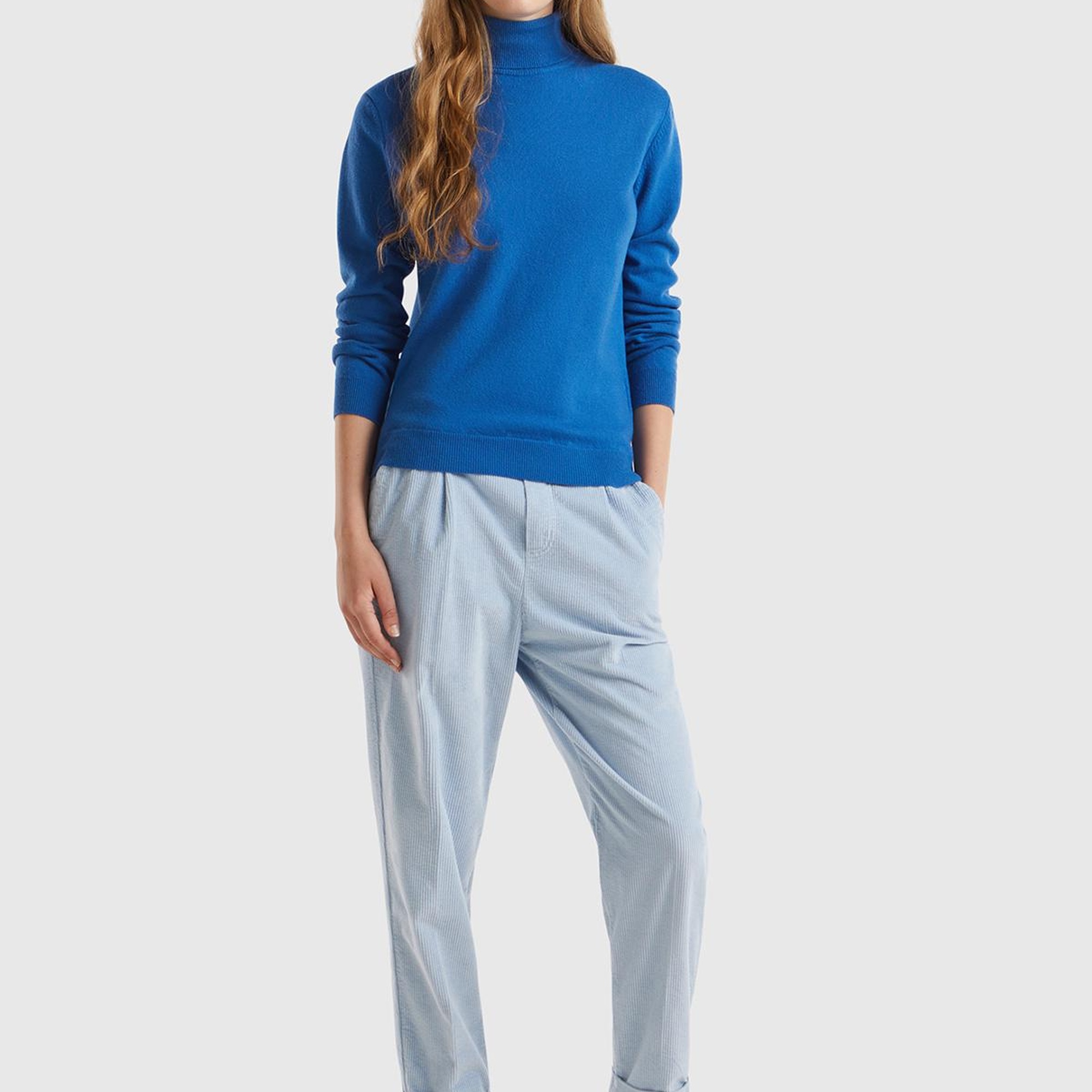 Kadın Gece Mavisi Dik Yaka %100 Merino Kazak