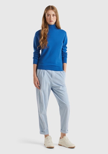  Kadın Gece Mavisi Dik Yaka %100 Merino Kazak