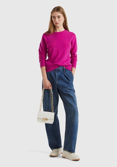  Kadın Fuşya Bisiklet Yaka %100 Merino Kazak