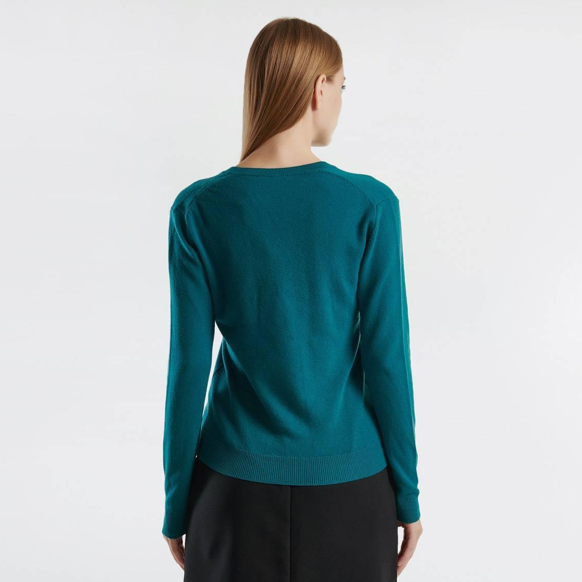 Kadın Koyu Yeşil V Yaka %100 Merino Kazak