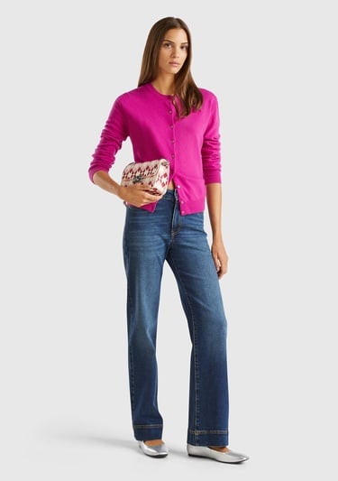  Kadın Fuşya Bisiklet Yaka %100 Merino Hırka