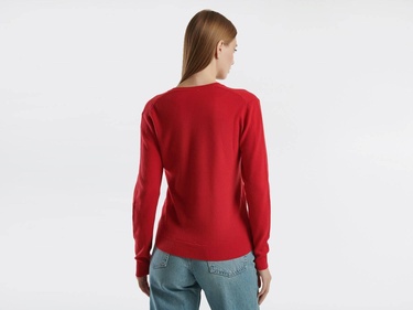  Kadın Kırmızı V Yaka %100 Merino Kazak