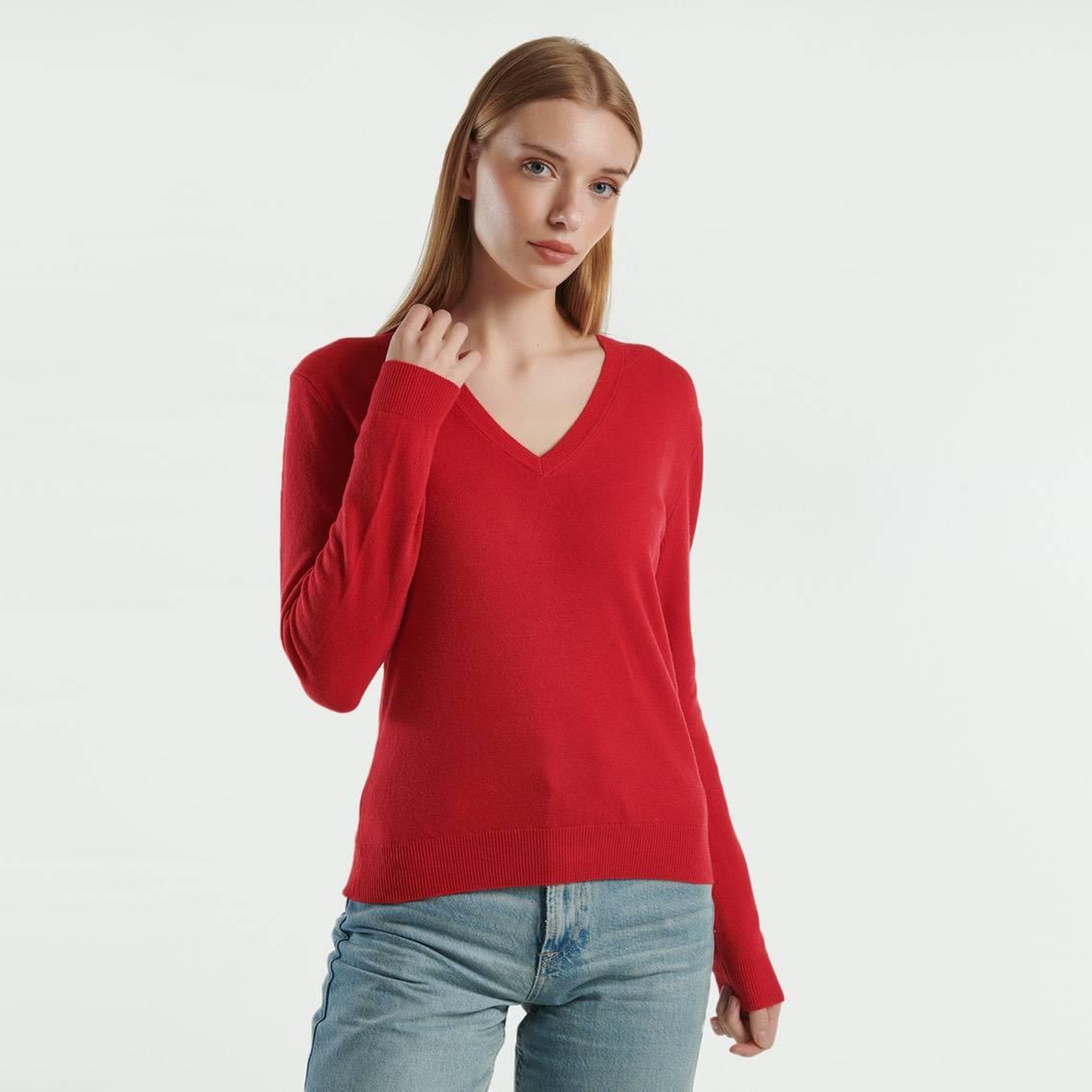 Kadın Kırmızı V Yaka %100 Merino Kazak