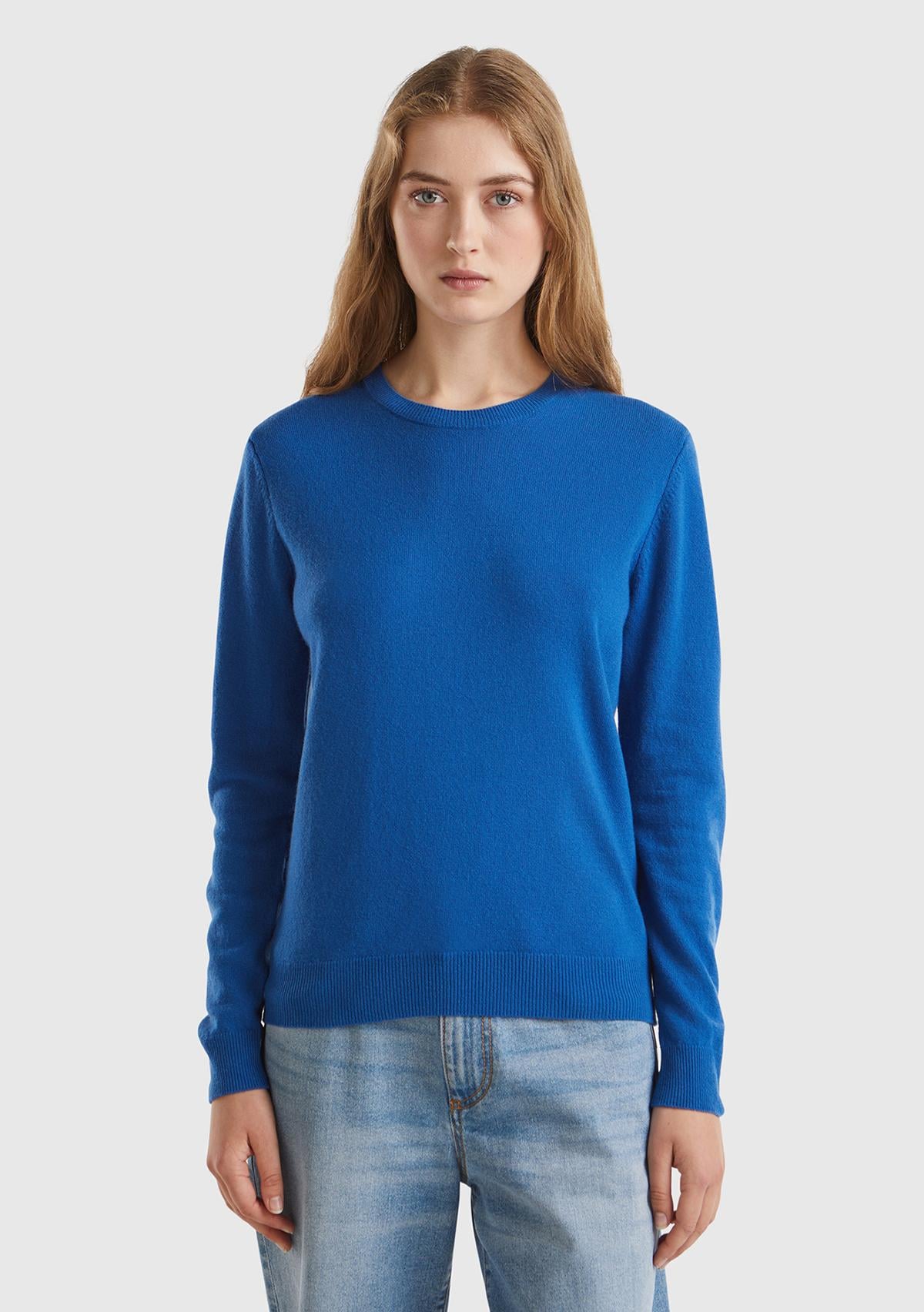  Kadın Gece Mavisi Bisiklet Yaka %100 Merino Kazak