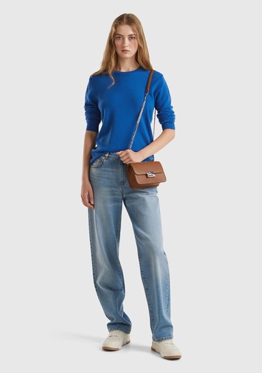  Kadın Gece Mavisi Bisiklet Yaka %100 Merino Kazak