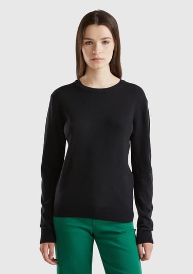  Kadın Siyah Bisiklet Yaka %100 Merino Kazak