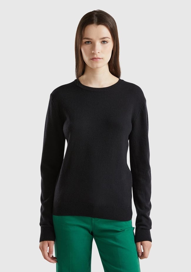  Kadın Siyah Bisiklet Yaka %100 Merino Kazak