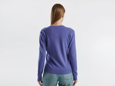  Kadın Mor V Yaka %100 Merino Kazak