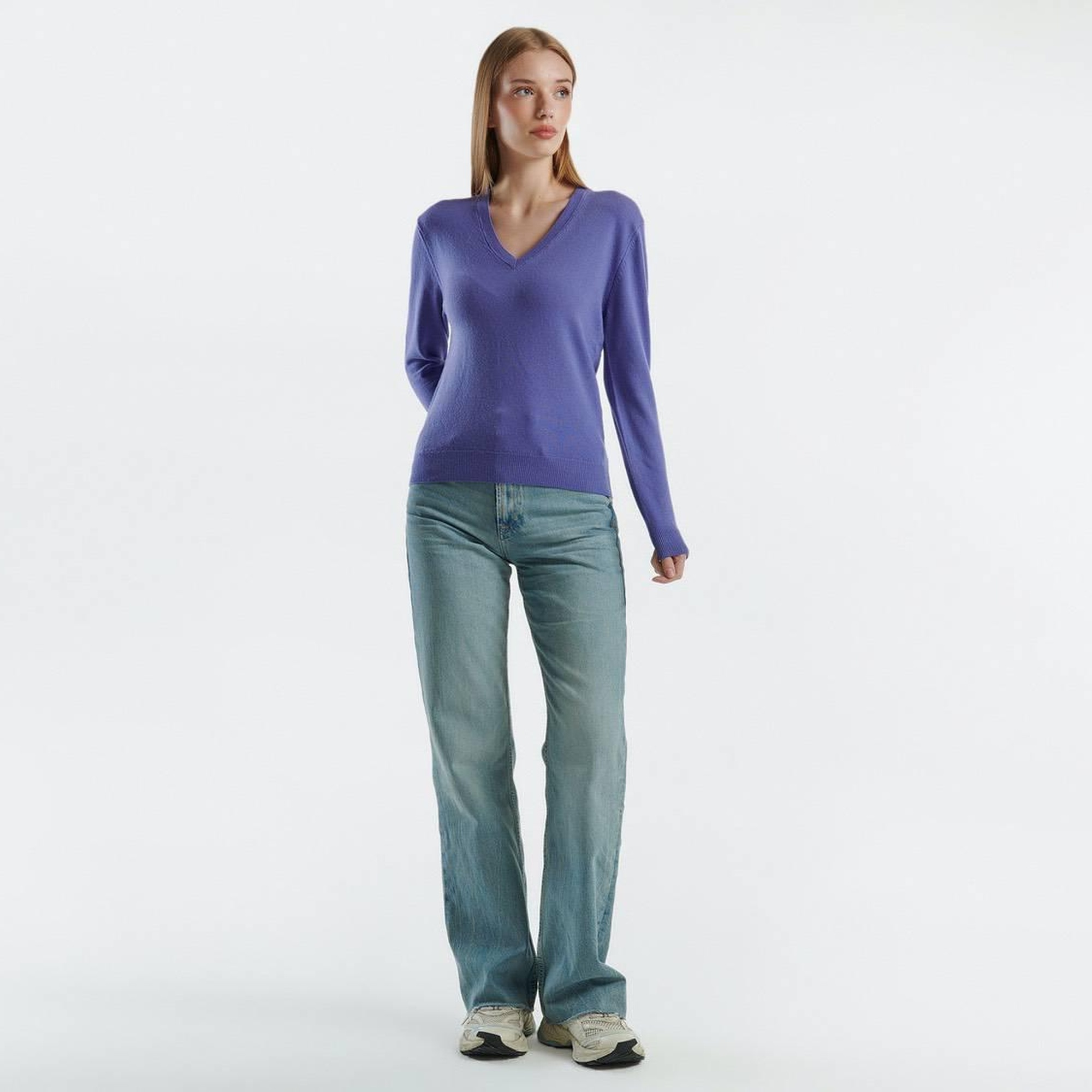 Kadın Mor V Yaka %100 Merino Kazak