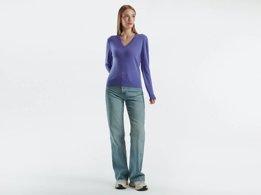  Kadın Mor V Yaka %100 Merino Kazak