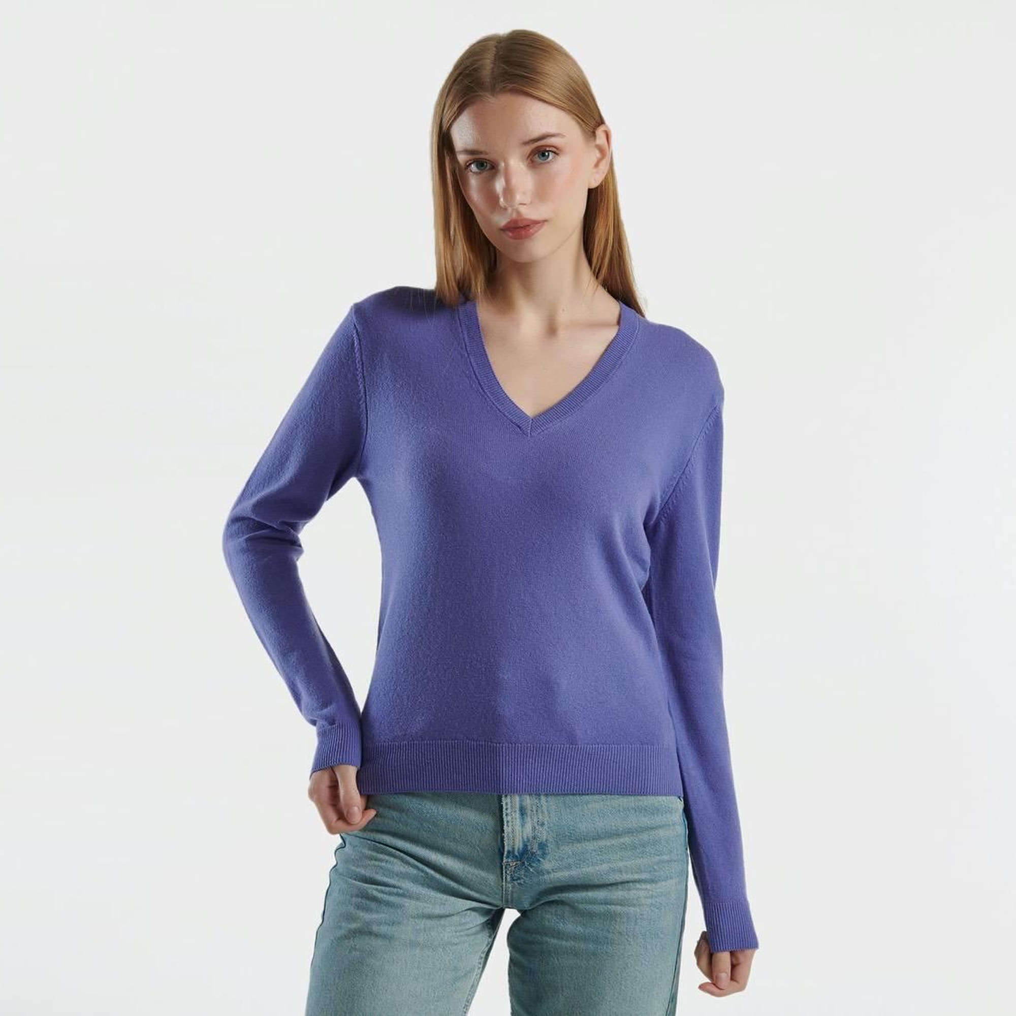 Kadın Mor V Yaka %100 Merino Kazak