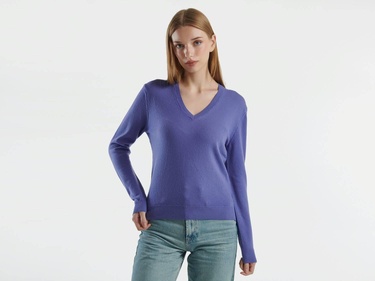  Kadın Mor V Yaka %100 Merino Kazak