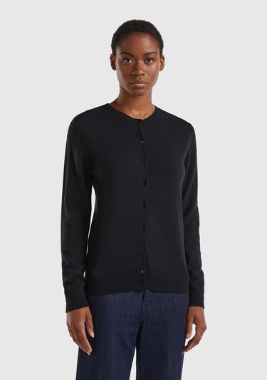  Kadın Siyah Bisiklet Yaka %100 Merino Hırka