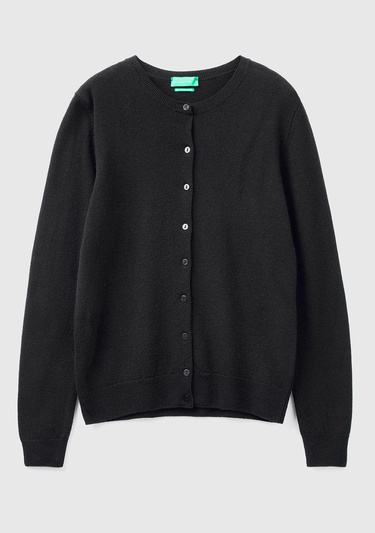  Kadın Siyah Bisiklet Yaka %100 Merino Hırka