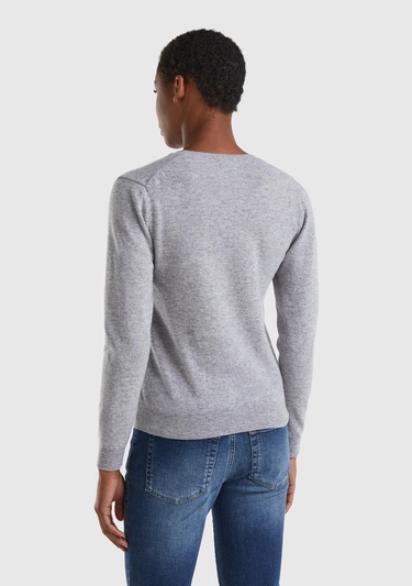  Kadın Gri Melanj V Yaka %100 Merino Kazak