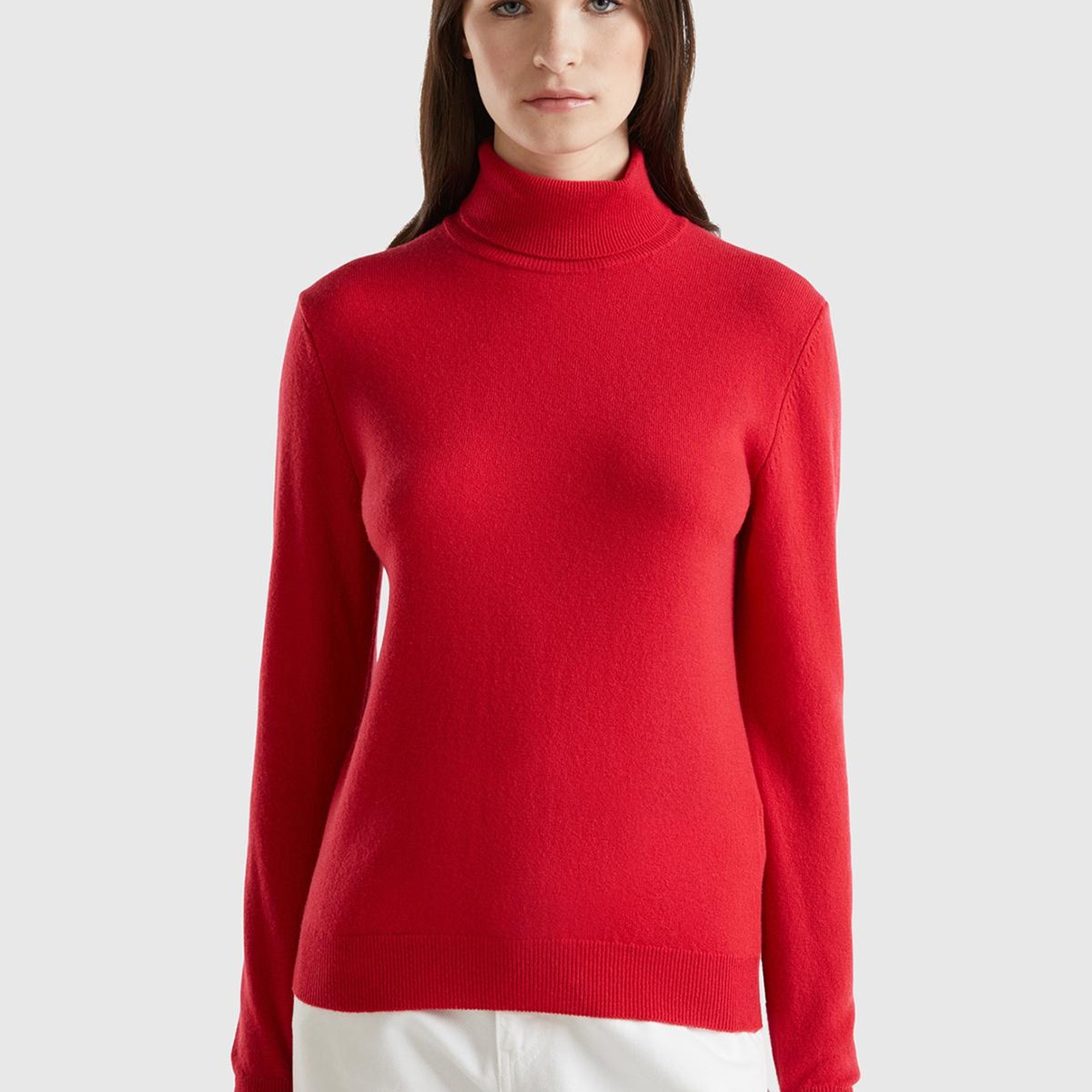 Kadın Kırmızı Dik Yaka %100 Merino Kazak