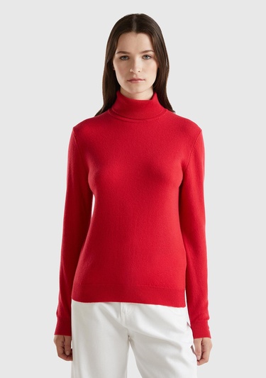  Kadın Kırmızı Dik Yaka %100 Merino Kazak