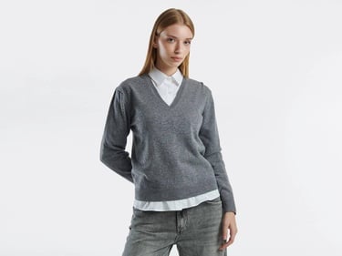  Kadın Antrasit Melanj V Yaka %100 Merino Kazak