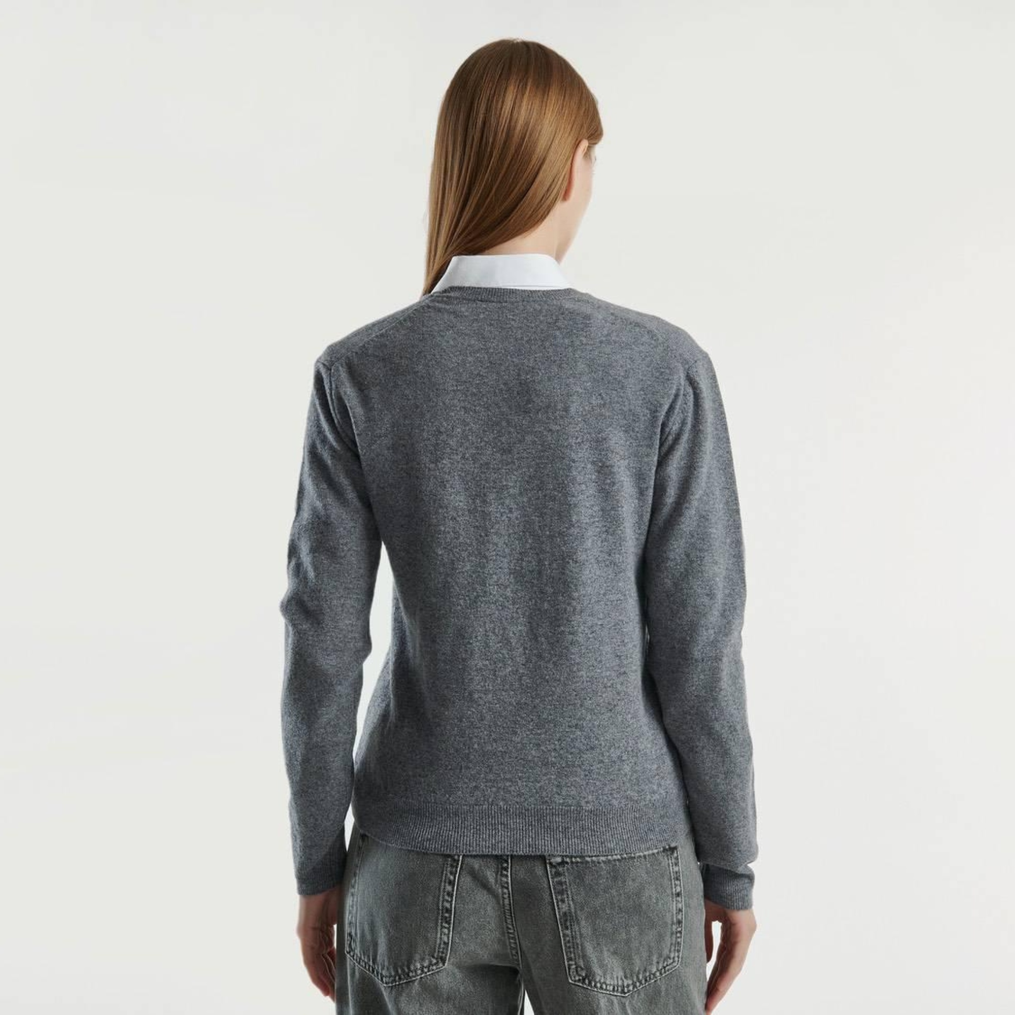 Kadın Antrasit Melanj V Yaka %100 Merino Kazak