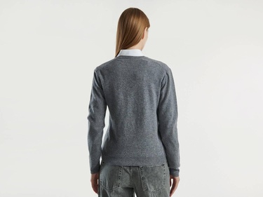  Kadın Antrasit Melanj V Yaka %100 Merino Kazak