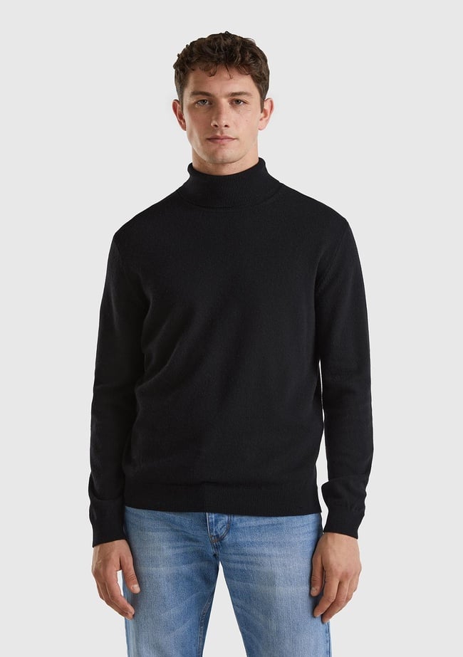  Erkek Siyah Boğazlı %100 Merino Kazak