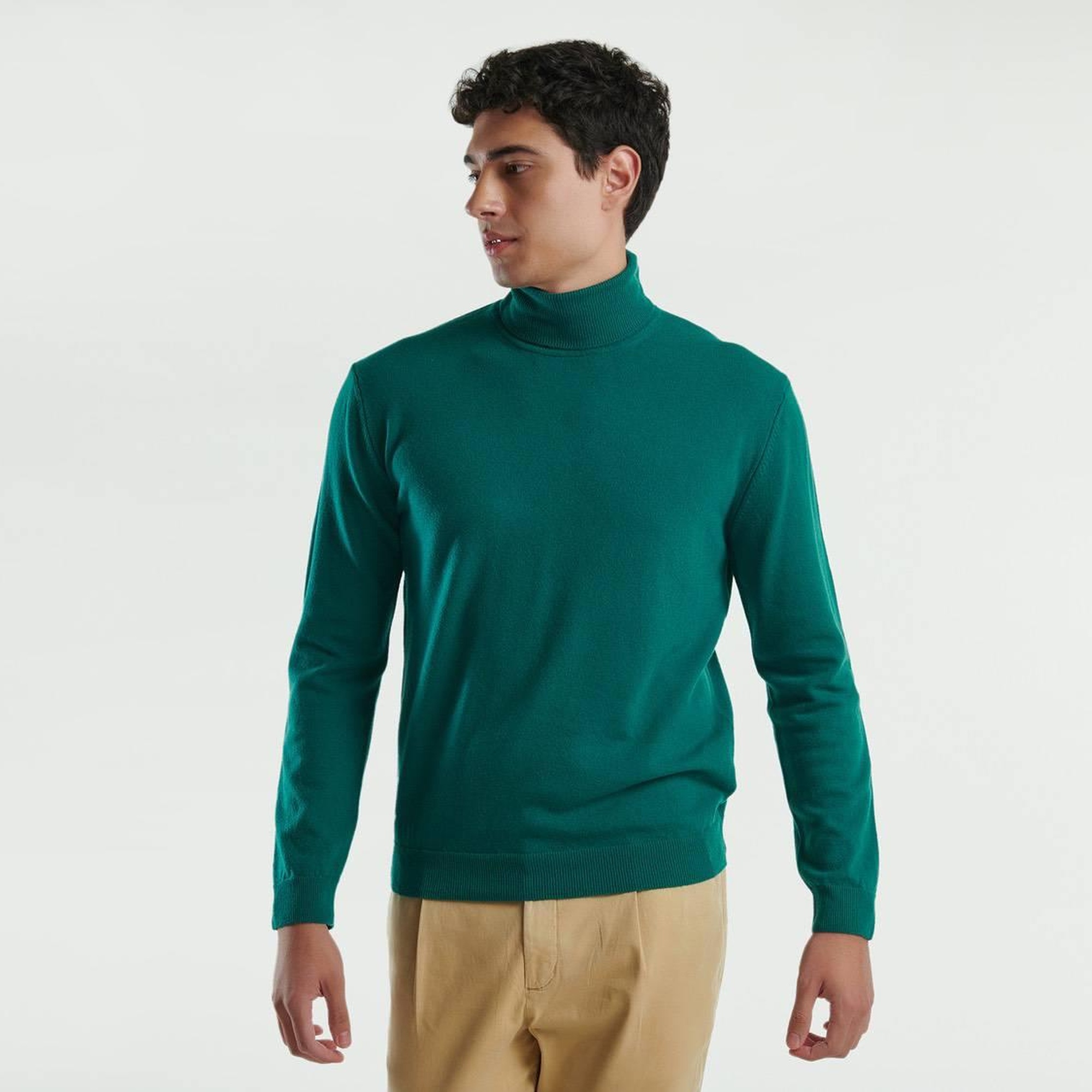 Erkek Yeşil Boğazlı %100 Merino Kazak