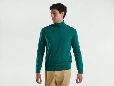  Erkek Yeşil Boğazlı %100 Merino Kazak