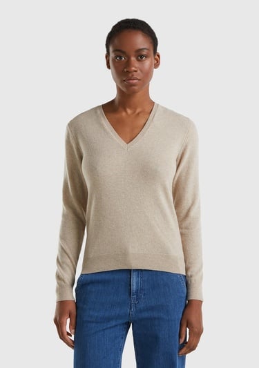  Kadın Bej Melanj V Yaka %100 Merino Kazak