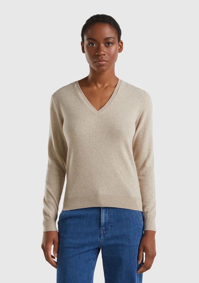  Kadın Bej Melanj V Yaka %100 Merino Kazak