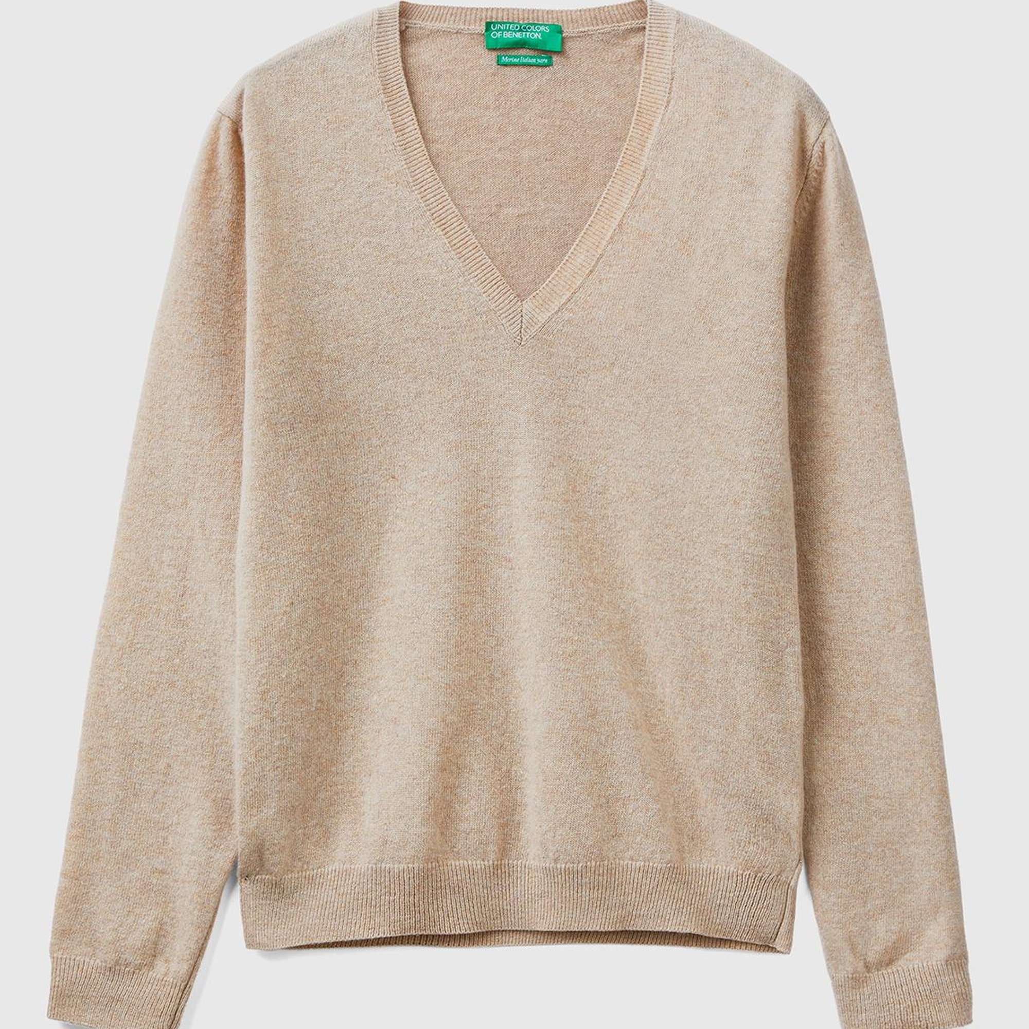 Kadın Bej Melanj V Yaka %100 Merino Kazak